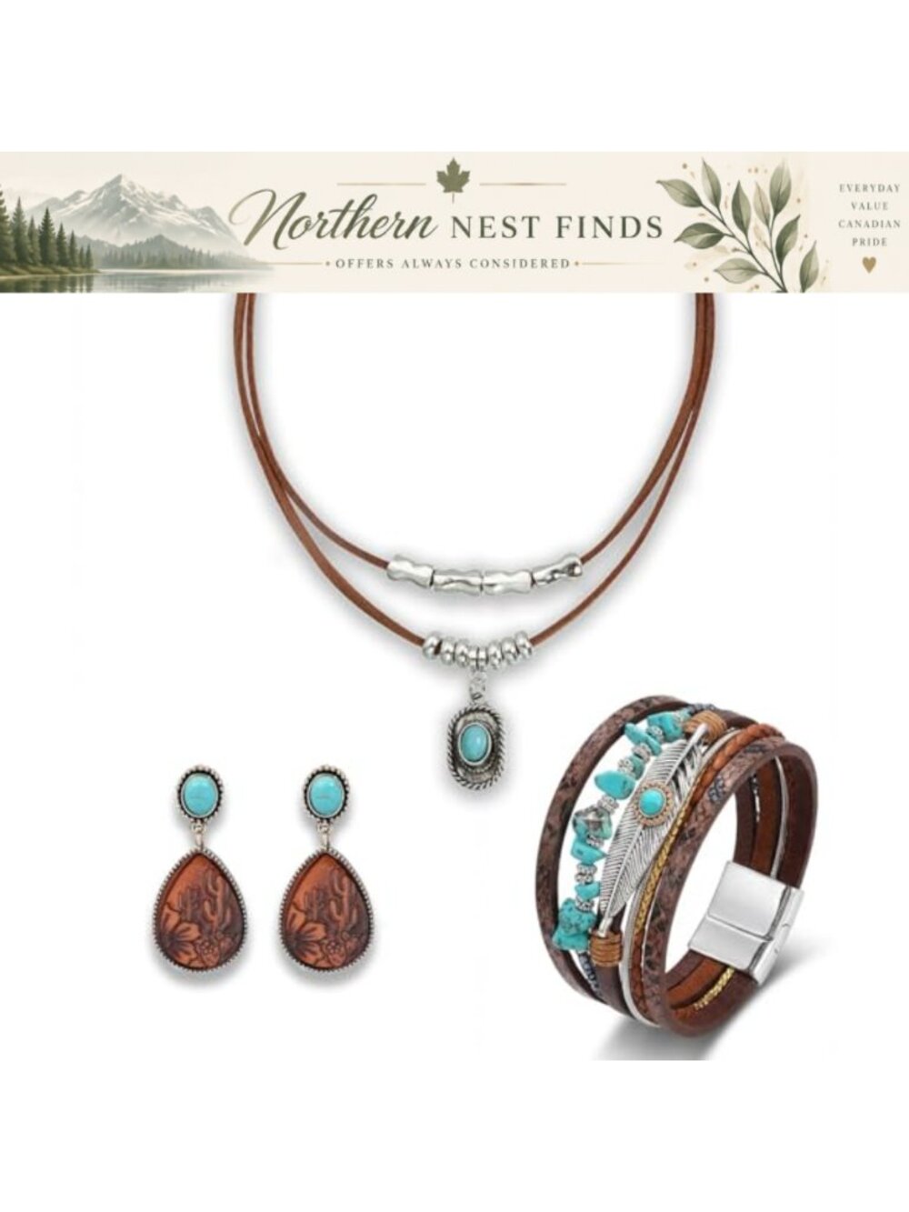 Boho Western Jewelry Set Turquoise Necklace Earrings Leather Bracelet
